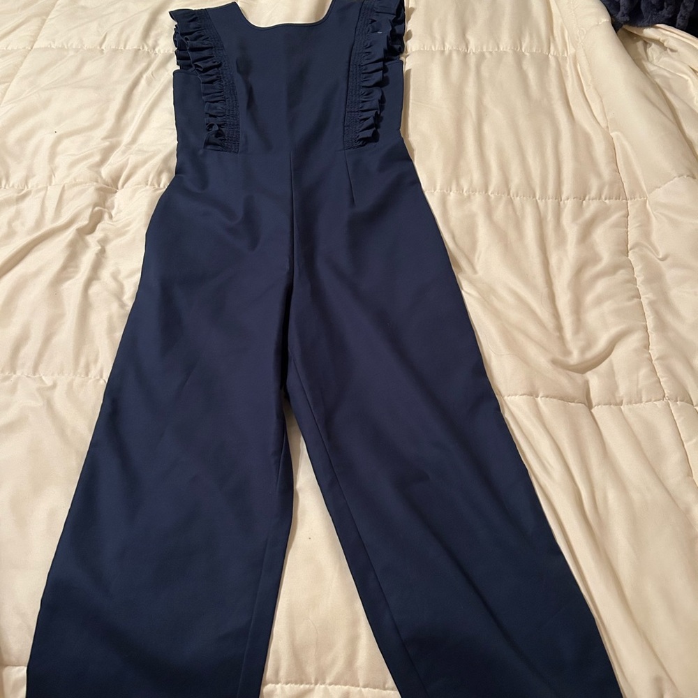 Elegant Navy Cropped Jumpsuit with Ruffle Detail